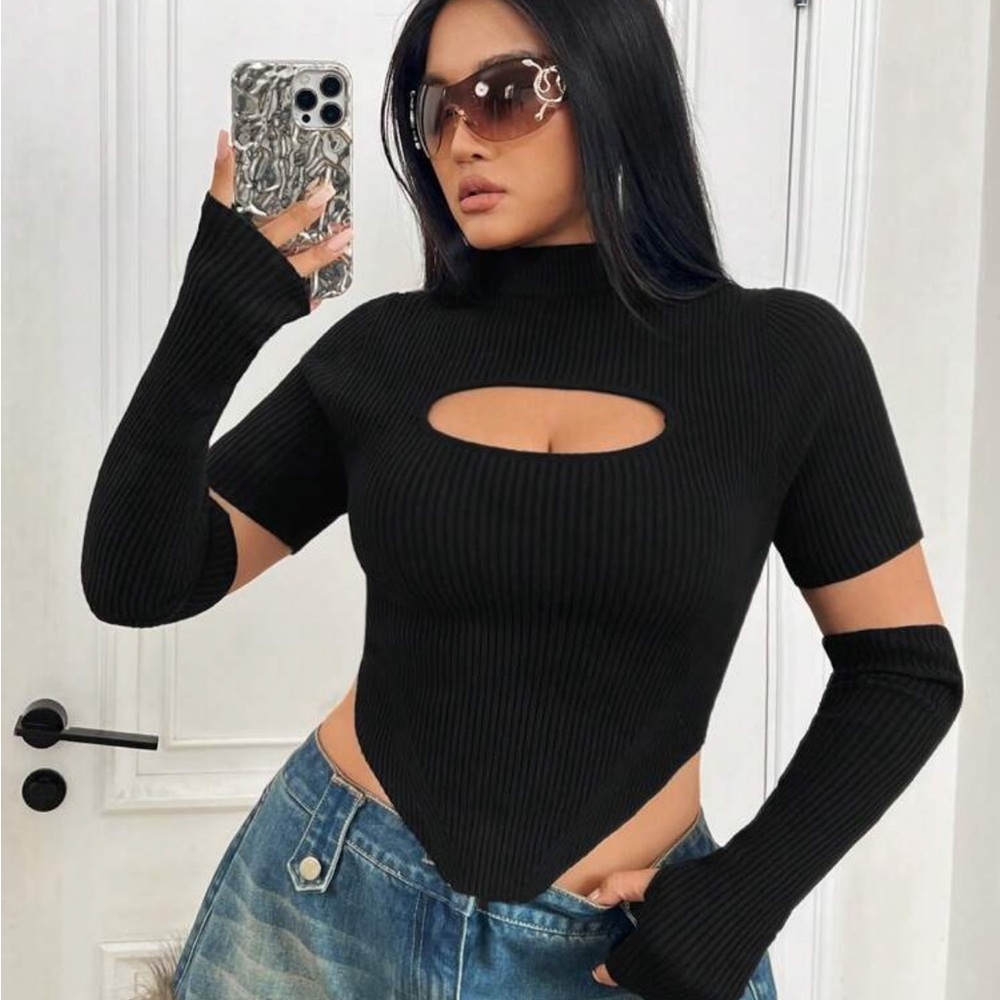 SHEIN Black Ribbed Cutout Mock Neck Top